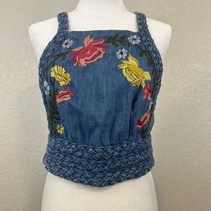 Pilcro for Anthropologie Nika Floral Embroidered Halter Chambray Top Sz M